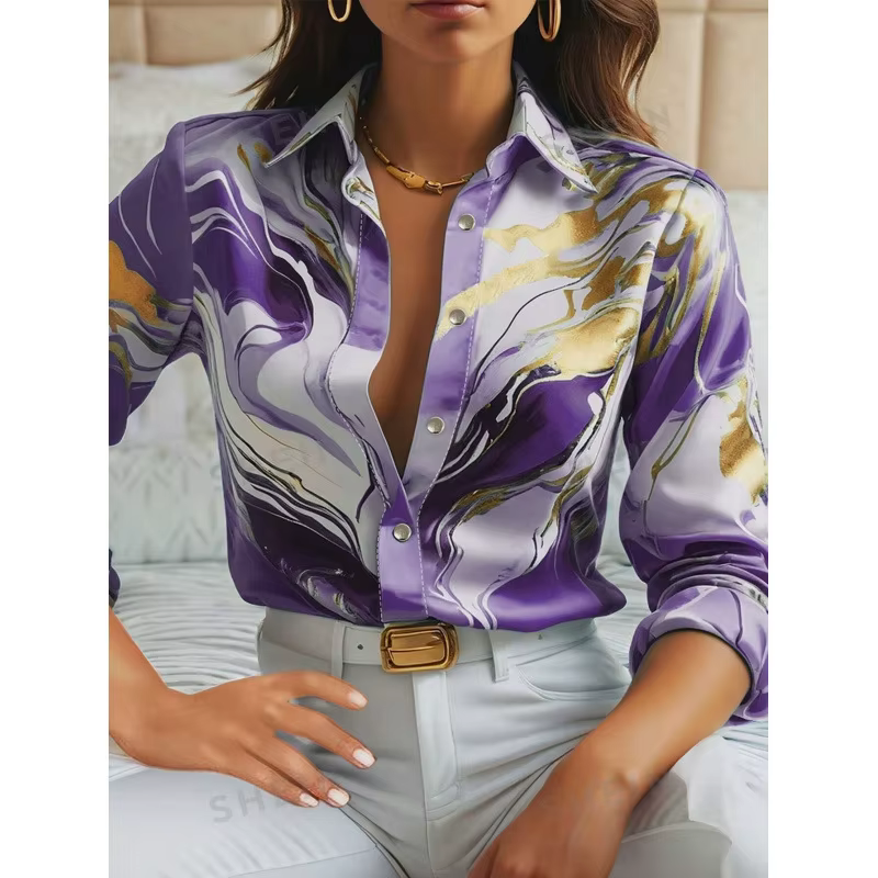 Chemise à manches longues pour femme, couleur violette, pour l'automne 2026, col à bouton unique, ch