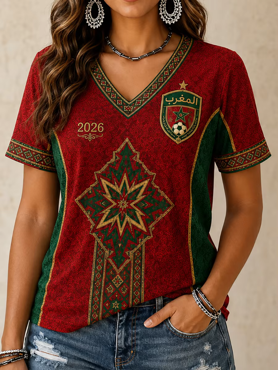 T-shirt de football style Maroc 2026 pour femme, col en V, rouge et vert, maillot de supporter de fo