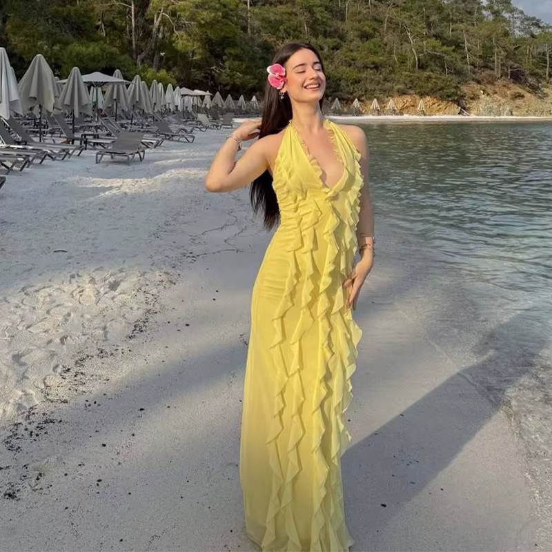 Robe longue plissée à volants pour femmes, col licou, Sexy, décolleté en V profond, sans manches, do
