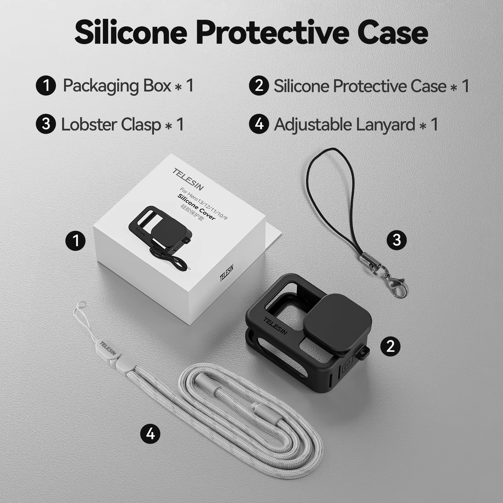 TELESIN étui de protection en Silicone pour GoPro 13 12 11 10 9 capuchon d'objectif noir main cou dr