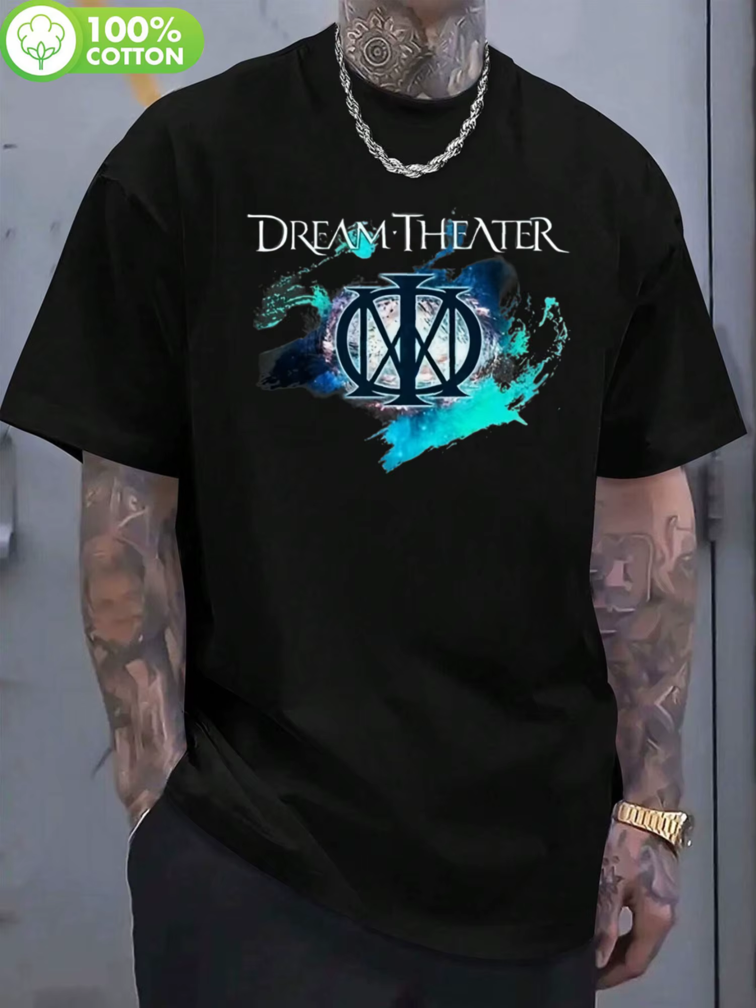 T-shirt avec logo Dream Theater Progress, avec un logo unique dégradé bleu-vert, T-shirt à manches c