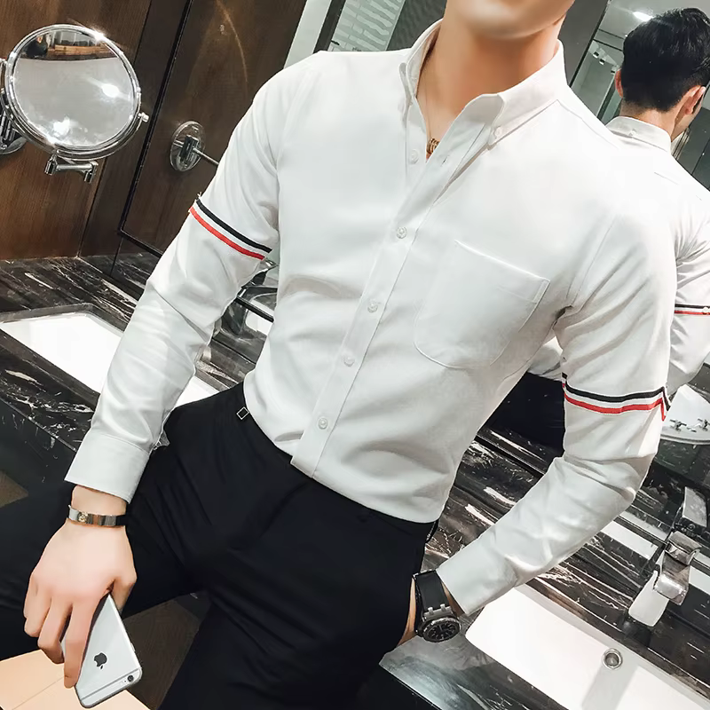 Chemise homme - Chemise sans col en mélange de coton Oxford, coupe ajustée tendance, manches longues