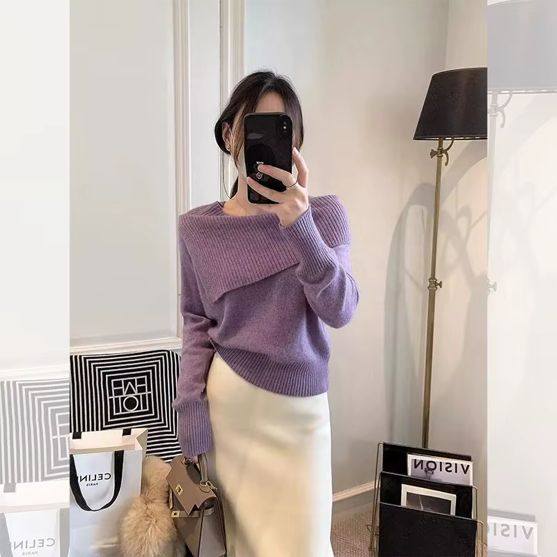 Pull tricoté pour femmes, nouvelle chemise à col rabattu, épaules dénudées, clavicule, automne hiver