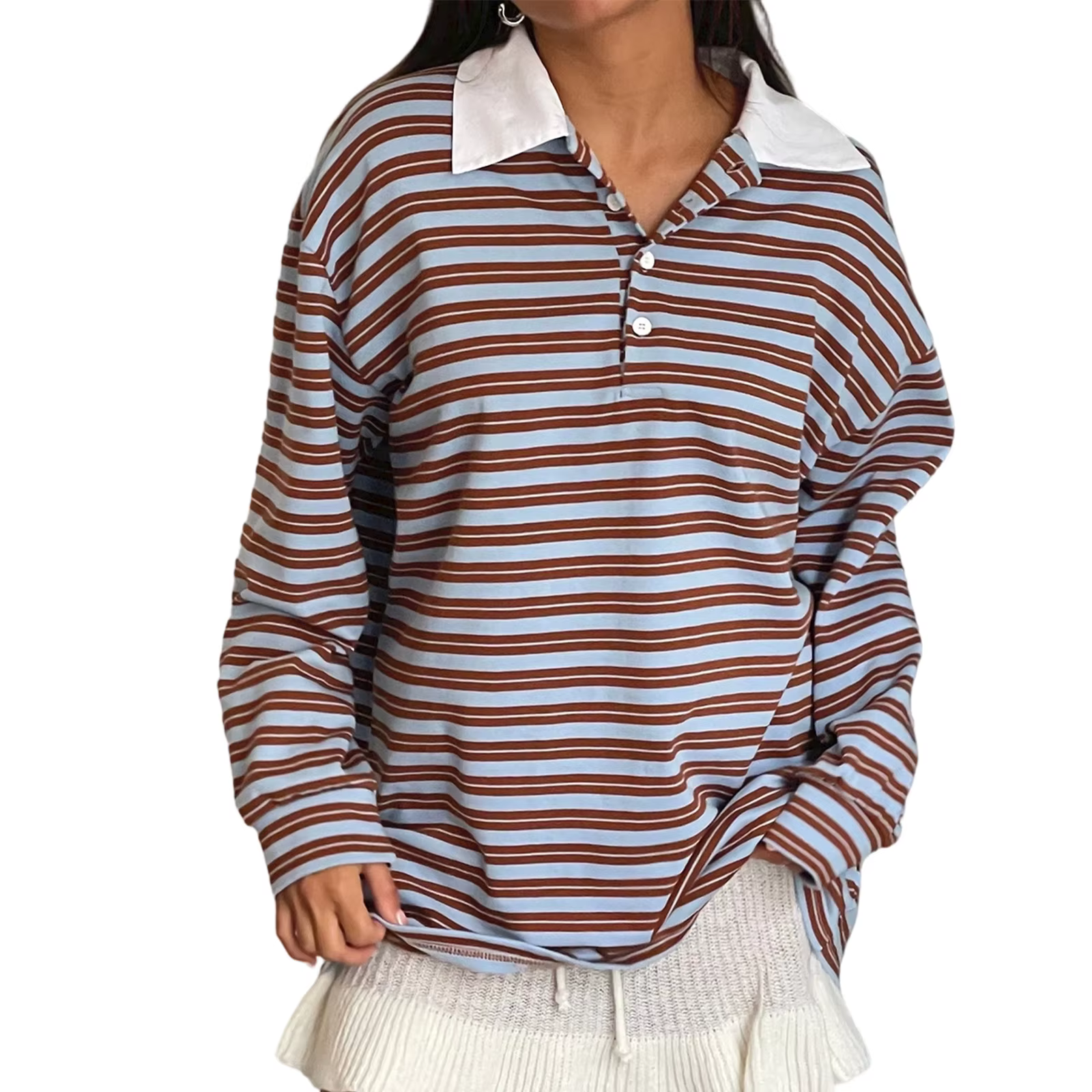 Femmes automne rayé Rugby T-Shirts Y2k Vintage à manches longues surdimensionné sweats col rabattu c