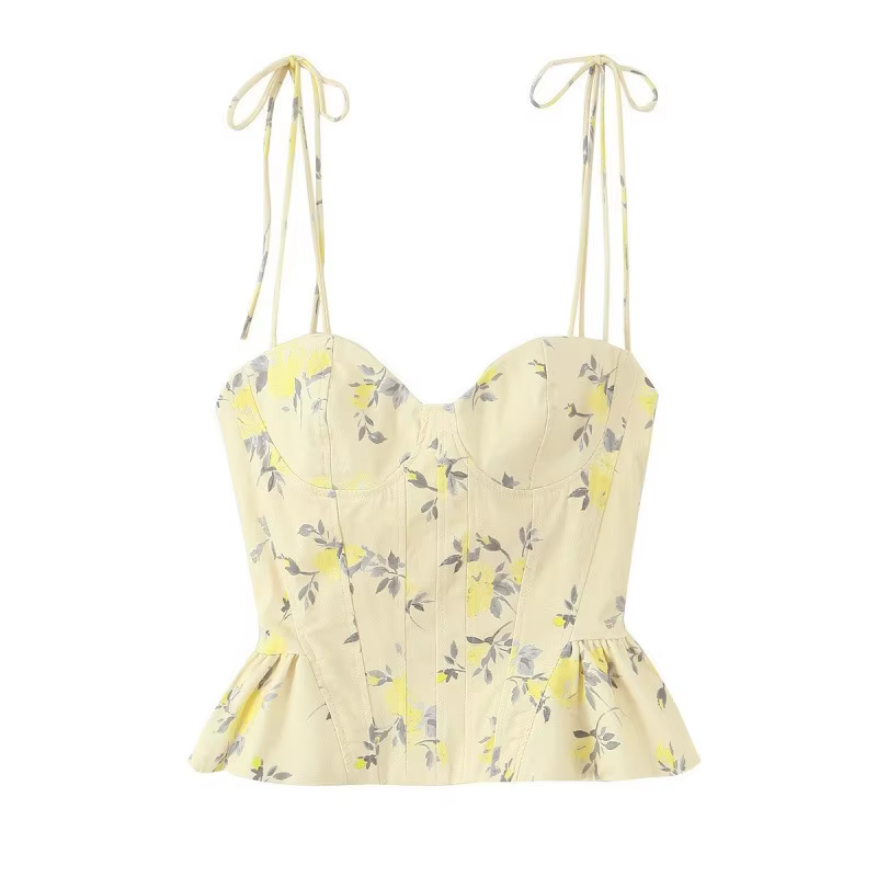 Débardeur court à imprimé floral doux style américain, col en V français, sexy, sans manches, dos nu