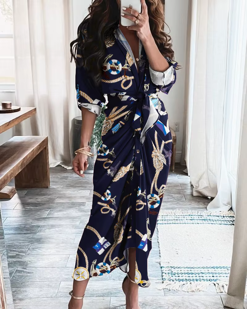 Robe chemise rayée boutonnée pour femme, taille à nouer, manches longues, tenue décontractée maxi