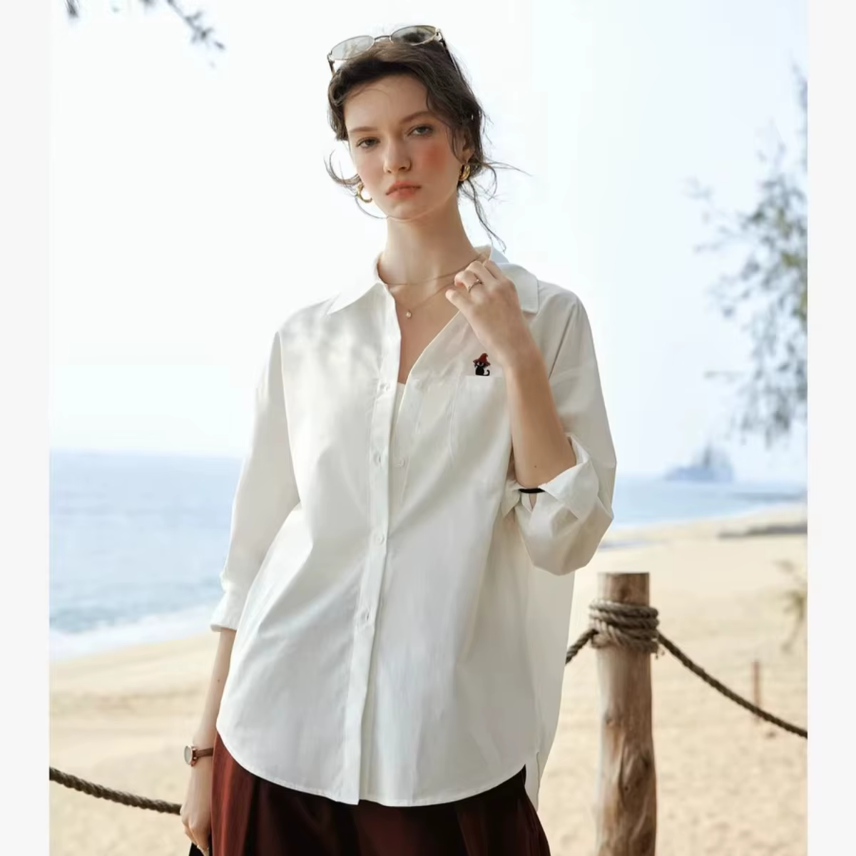 Chemisier décontracté OLrain pour femme, collection Printemps 2026, léger, broderie chat amusant, co