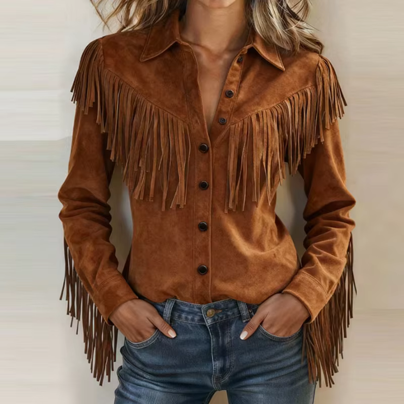Veste Courte Femme à Col Chemise et Pompons, Manches Longues, Style Western Rétro, Simple Boutonnage