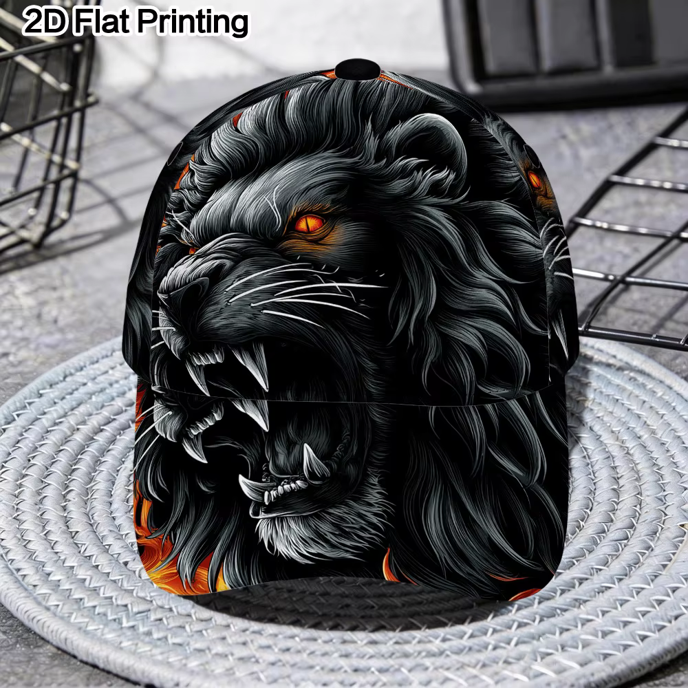 Casquette de baseball classique avec un design plat 2D d'un lion noir flamboyant, légère et ajustabl