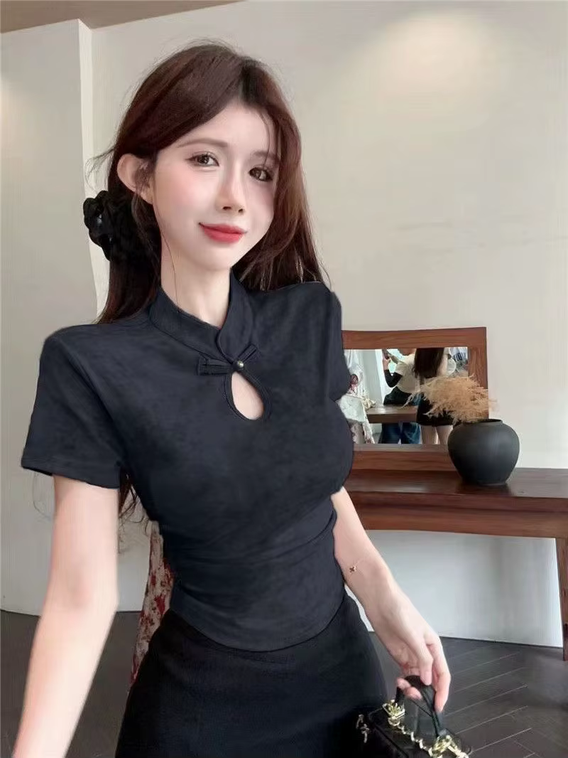 Économie de style chinois pour femmes, manches courtes, monochromatique, coupe minimaliste, streetwe