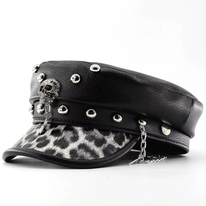 Casquette rétro britannique en PU à rivets, style crâne, avec large bord, dessus court en forme de d