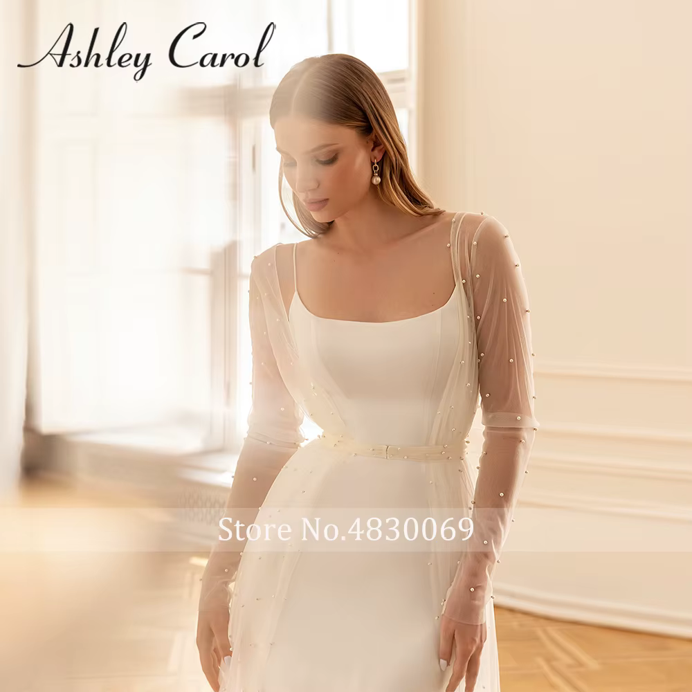 Ashley Carol 2 en 1 robe De mariée avec veste Sexy bretelles Spaghetti col carré perles Satin robe D
