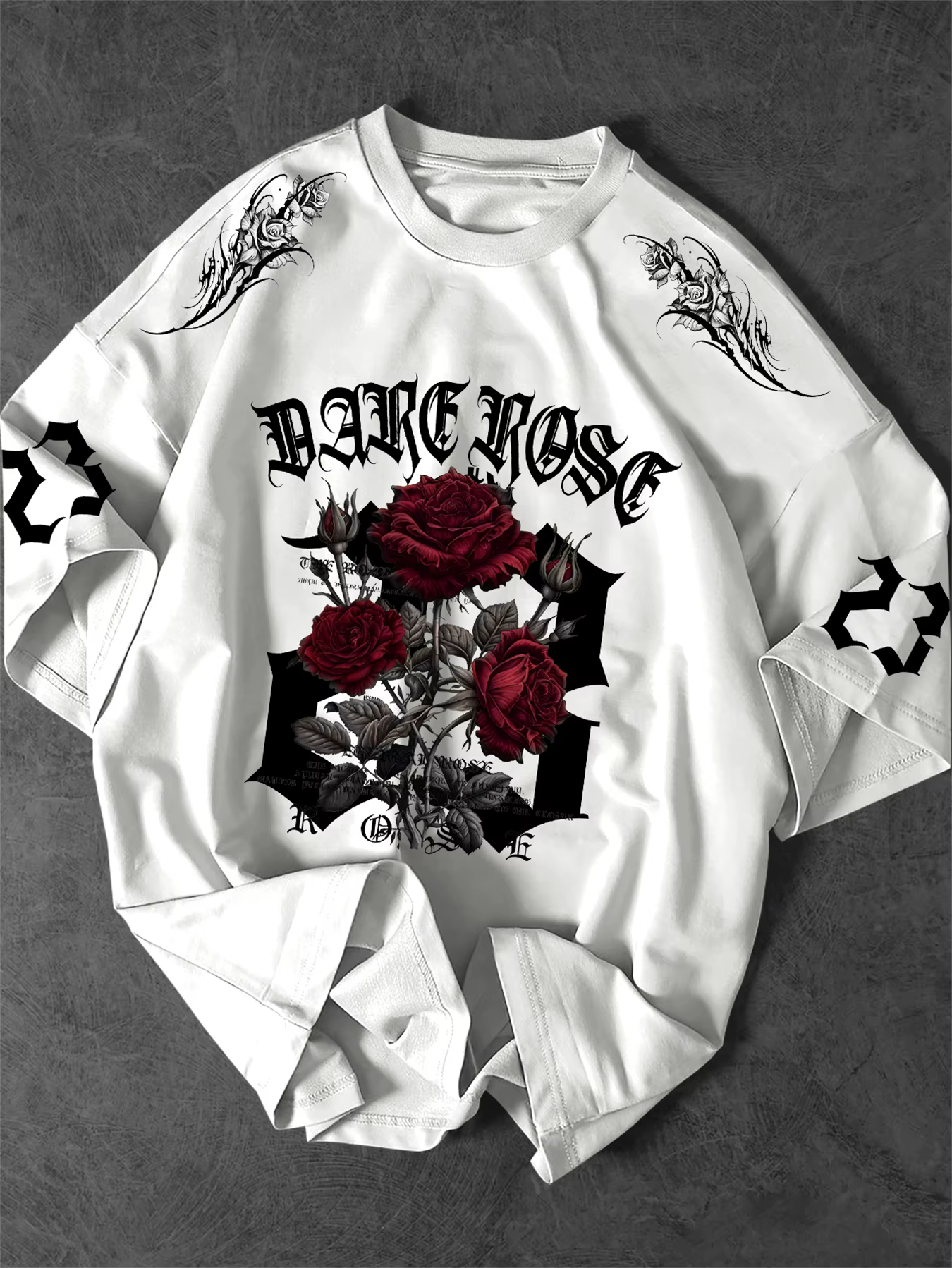 T-shirt graphique Dark Rose 23 pour hommes, streetwear gothique, col rond, manches courtes, en polye