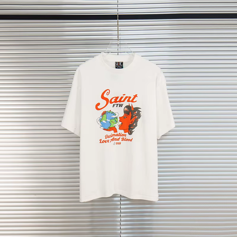 T-shirt Streetwear Lavé SAINT Homme Femme – Qualité Supérieure, Vintage, Manches Courtes, Imprimé Dé