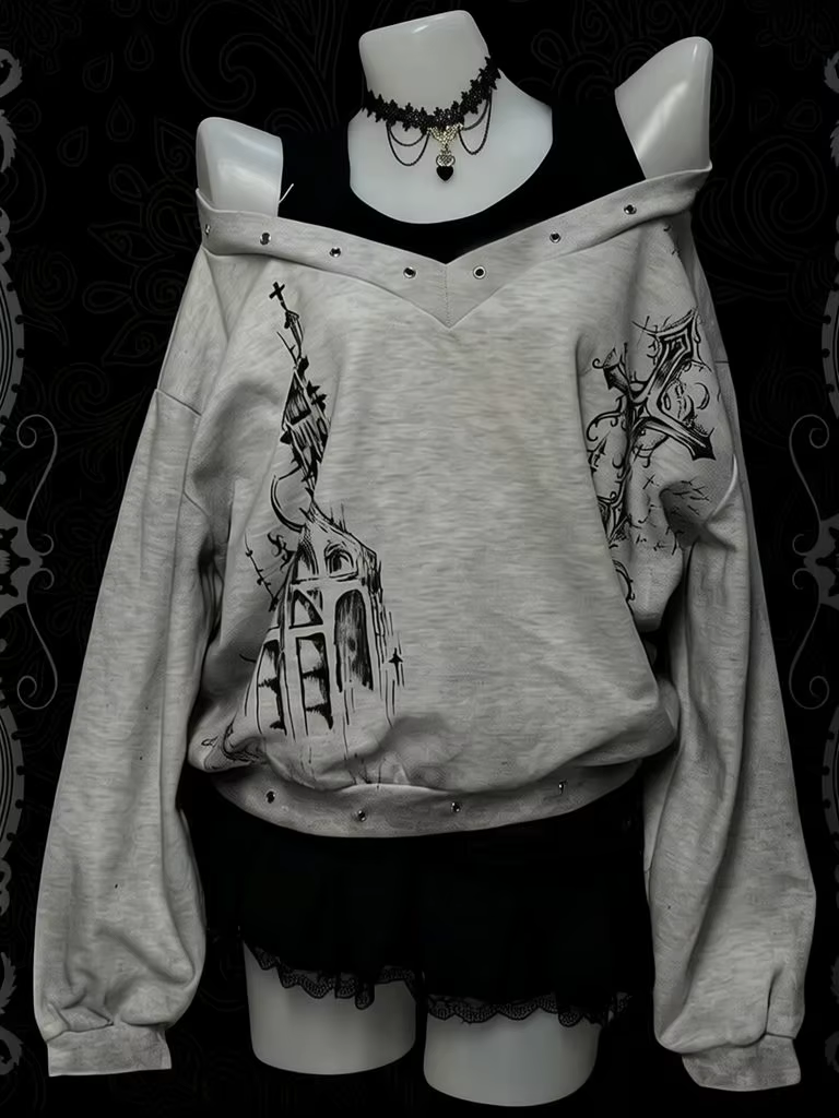 Sweat-shirt vintage punk rock à épaules dénudées pour femme, haut graphique streetwear à manches lon