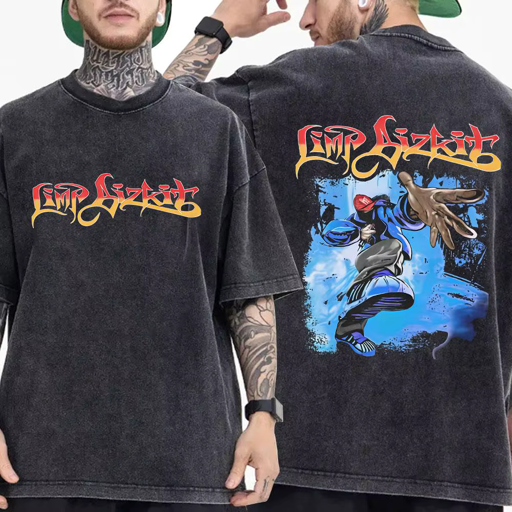 T-shirt oversize vintage Limp Bizkit pour femmes et hommes avec des éléments gothiques et hip-hop, m
