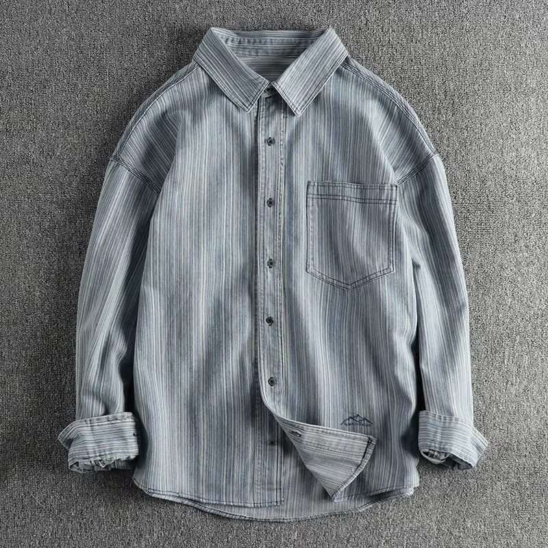 Chemise décontractée à manches longues pour hommes, manteau tendance rétro, tissu tissé lavé pour fa
