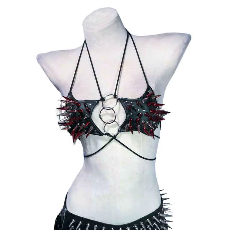 Vêtements Emo, Tenue de festival Grunge, T-shirt Goth avec pointes, Soutien-gorge Cyber à pointes, V