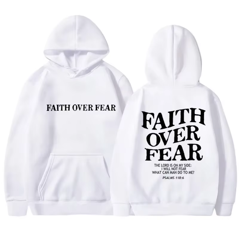 Sweat-shirt à capuche graphique « Faith Over Fear » pour homme, noir, en tissu confortable, streetwe