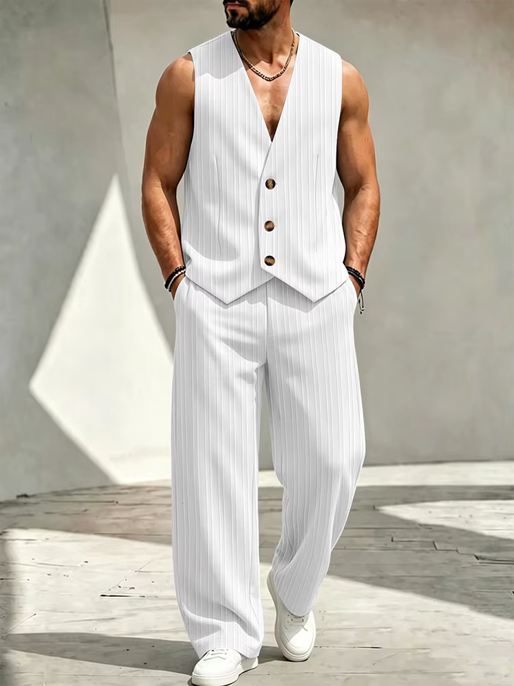 Ensemble deux pièces élégant de couleur unie texturée pour homme – Gilet sans manches à col en V et 