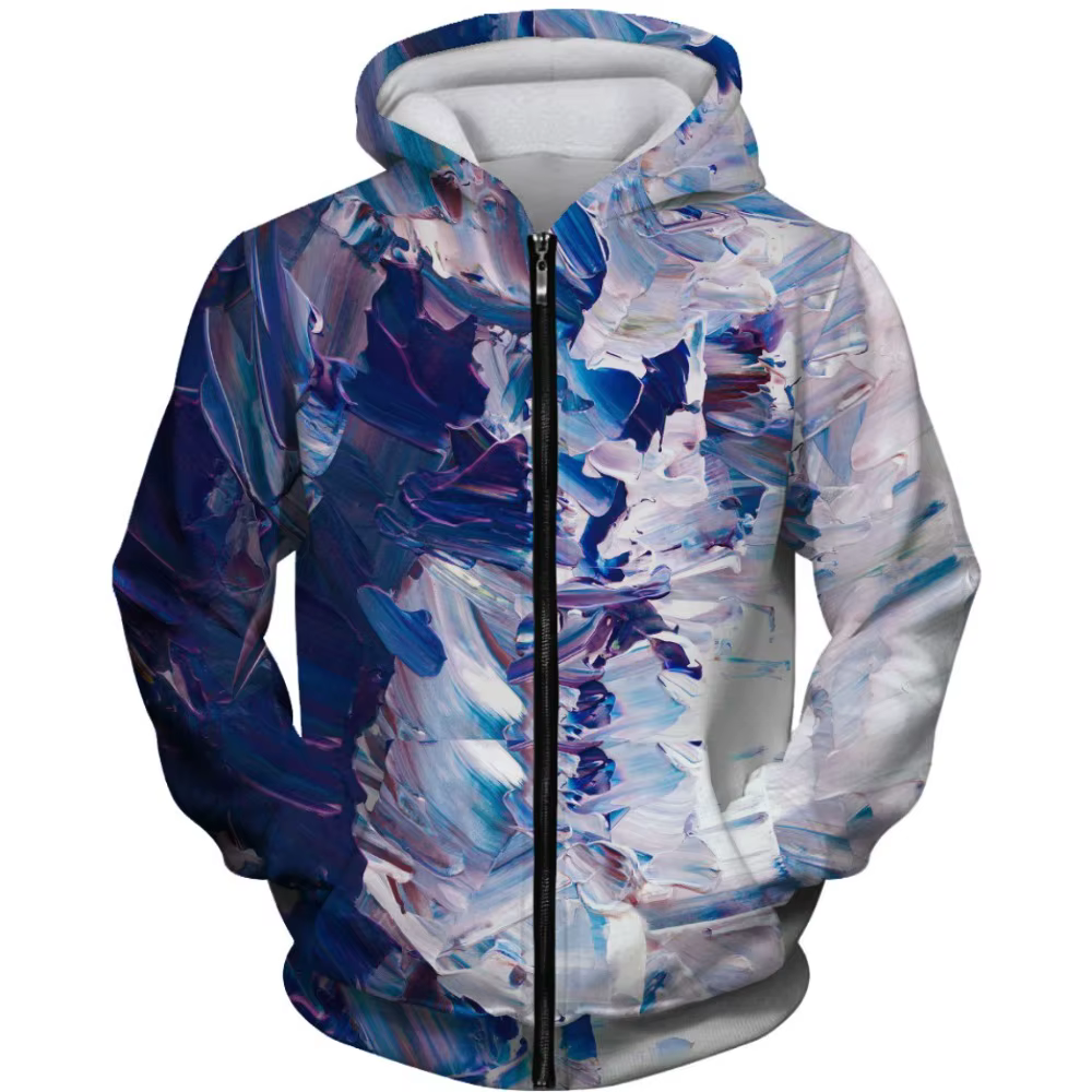 Sweat à capuche zippé d'art abstrait bleu violet vert motif aquarelle imprimé sweat-shirt streetwear