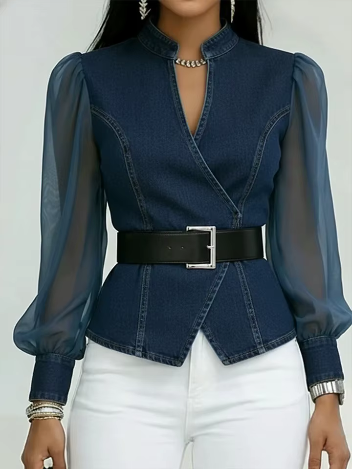 Chemisier de bureau tendance en faux denim, collection Printemps 2026, à manches longues, col en V, 