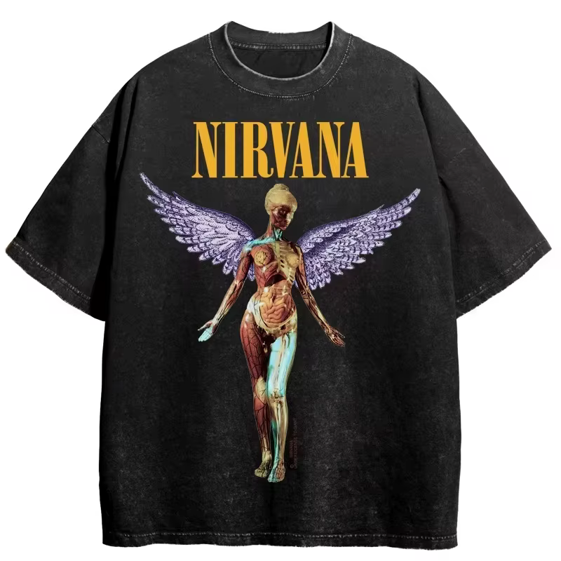 T-shirt vintage délavé Nirvana Rock Band pour hommes et femmes, vêtements d'été en coton, mode hip-h