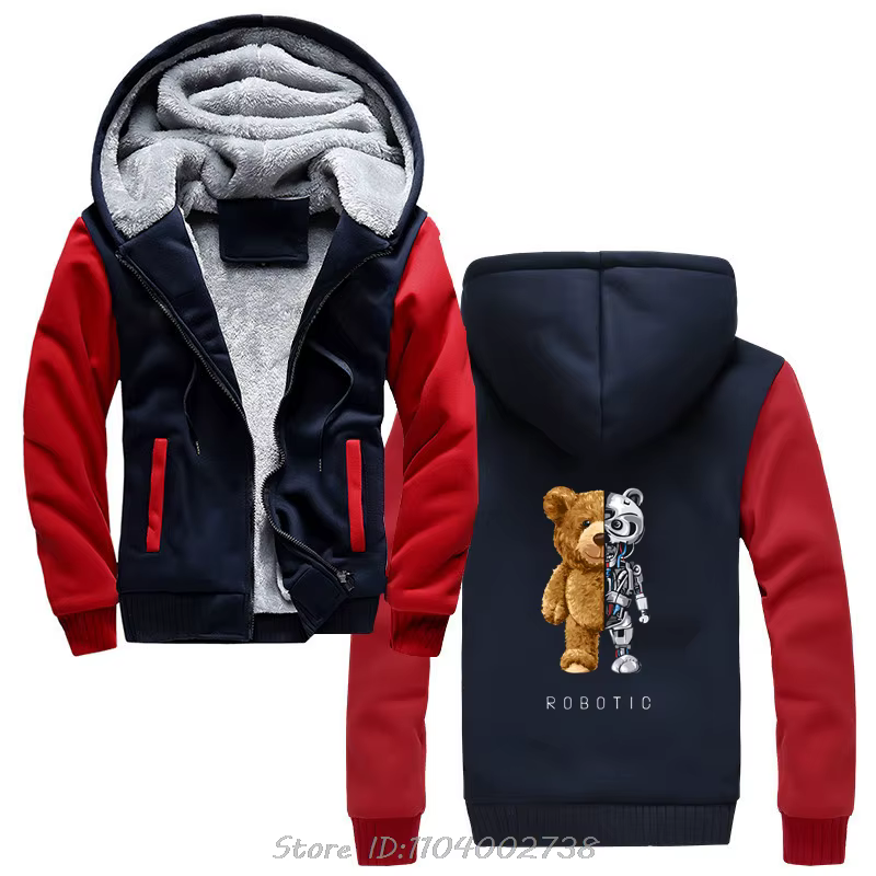 Sweat à capuche zippé ours en peluche pour hommes, sweat à capuche graphique robotique cool, veste d