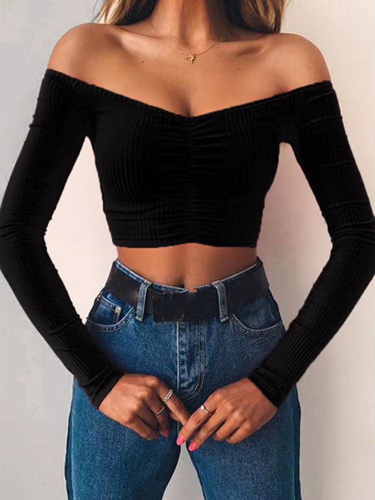 T-shirt à manches longues simple et sexy pour femmes, épaules dénudées, couleur unie, de club, à la 