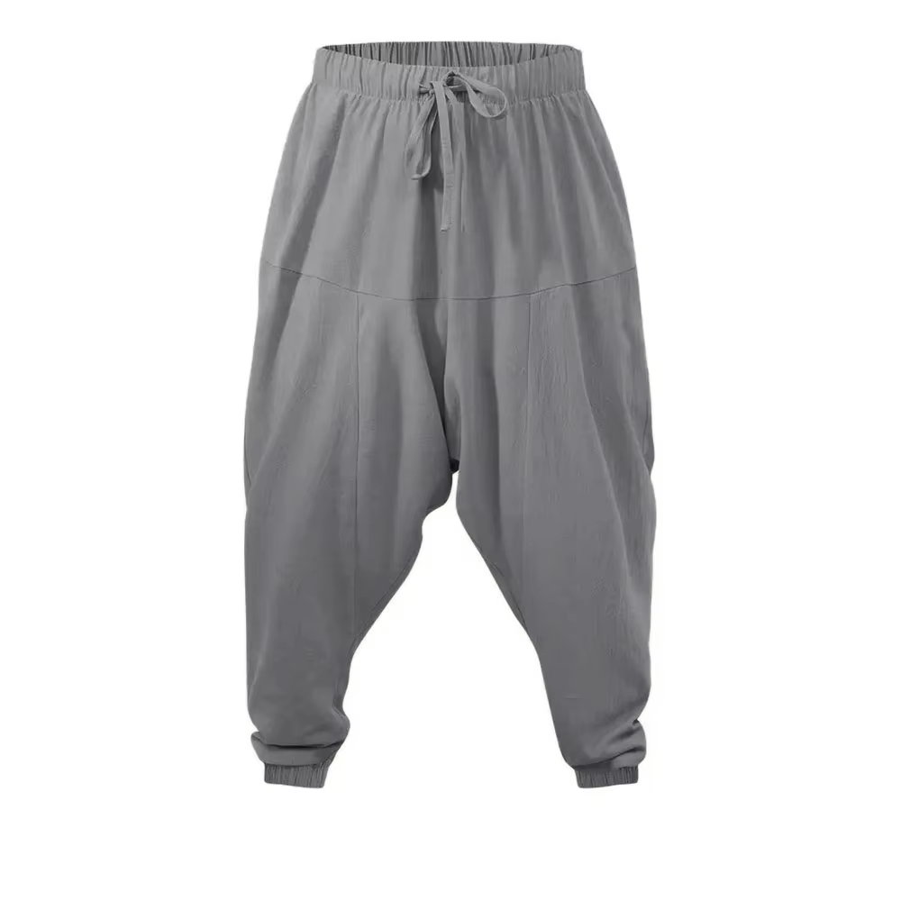 Pantalon Harem pour Homme en Coton et Lin, Coupe Ample, Entrejambe Bas, Confortable, Style Streetwea