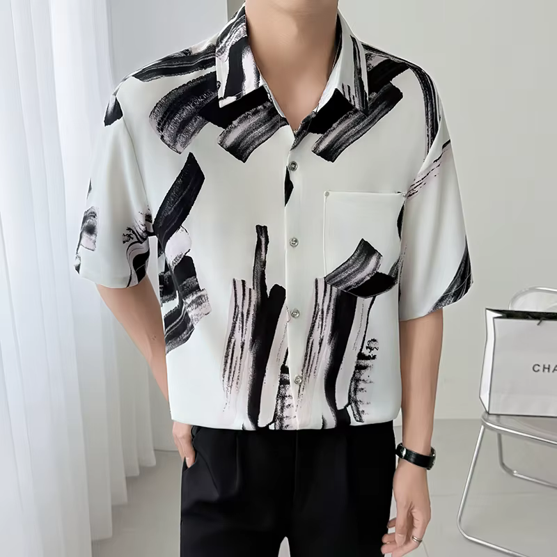 Chemise imprimée coupe cintrée hommes confortable à la mode jeunesse décontracté haut élégant 2025 n