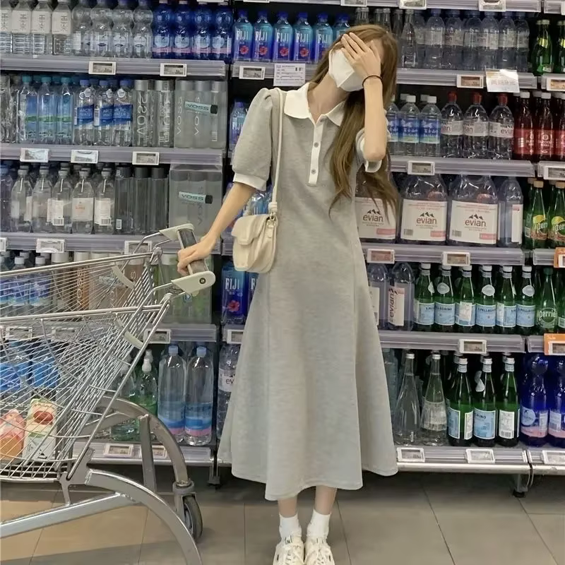 Robe à col Polo pour femmes, couleur bloquée, nouveau tempérament, Style mi-long, taille amincissant