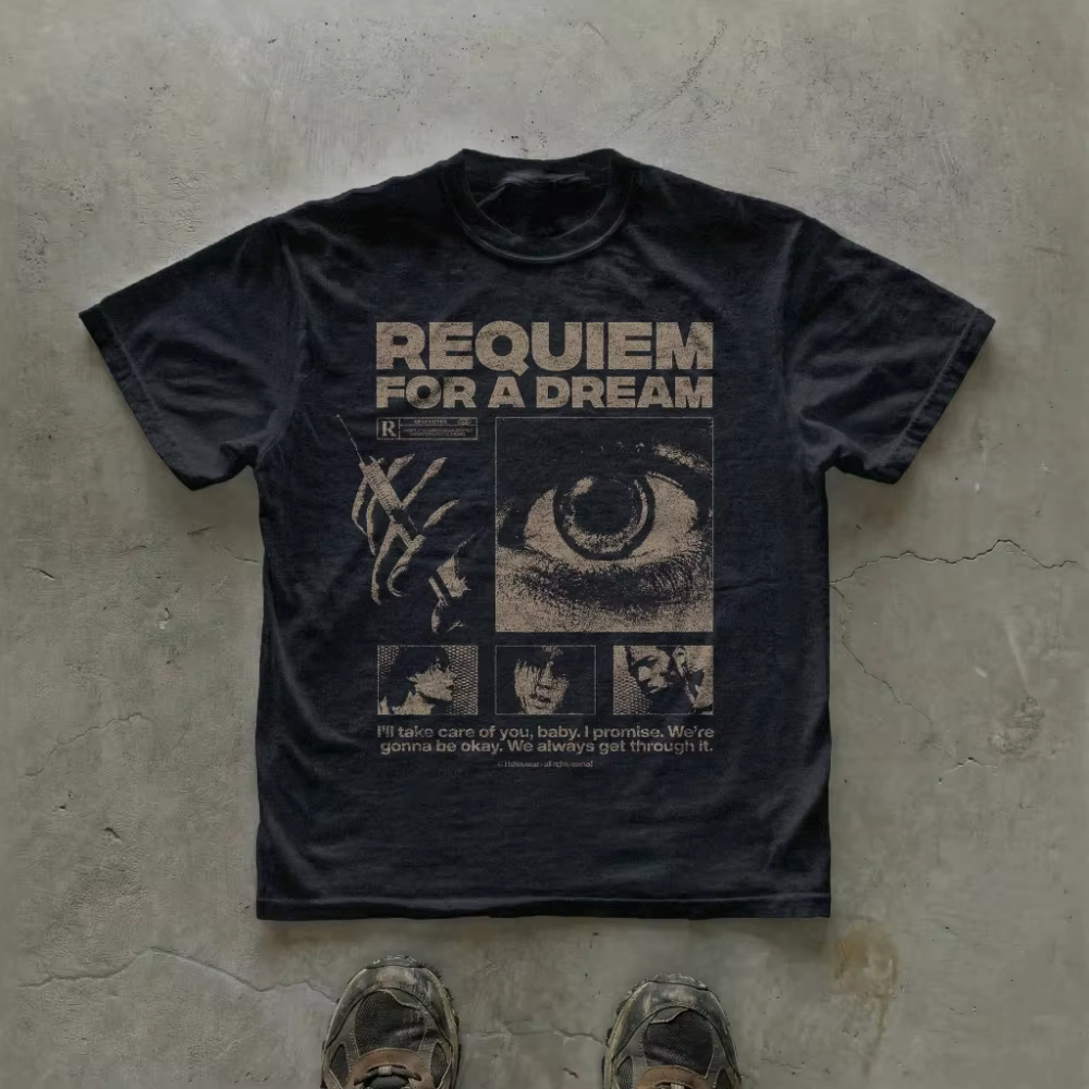 T-shirt graphique vintage 'Requiem for A Dream' avec affiche noire, esthétique culte, cinéma psychol