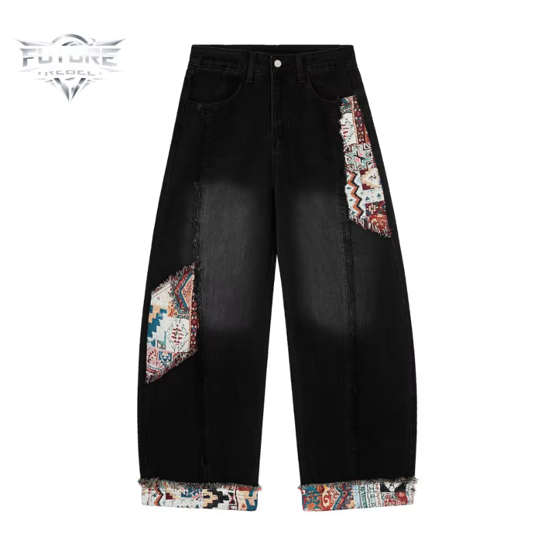 Nouveau Jean Rétro Noir Patchwork Coupe Large Unisexe Y2K, Pantalon en Denim Ample Style Hip Hop Déc