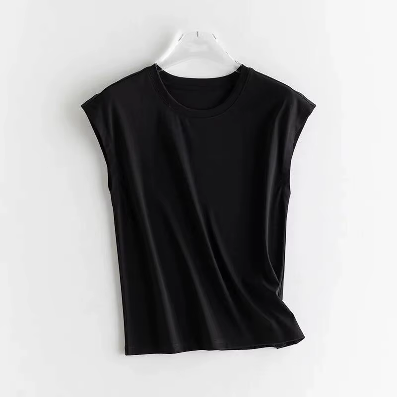 T-shirt sans manches en soie mercerisée et coton pour femme, col rond, coupe ample, frais et respira