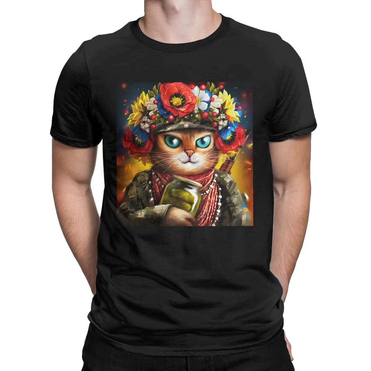 T-shirt manches courtes homme, 100% coton, 21e chat soldat dans une couronne de fleurs, graphique dé