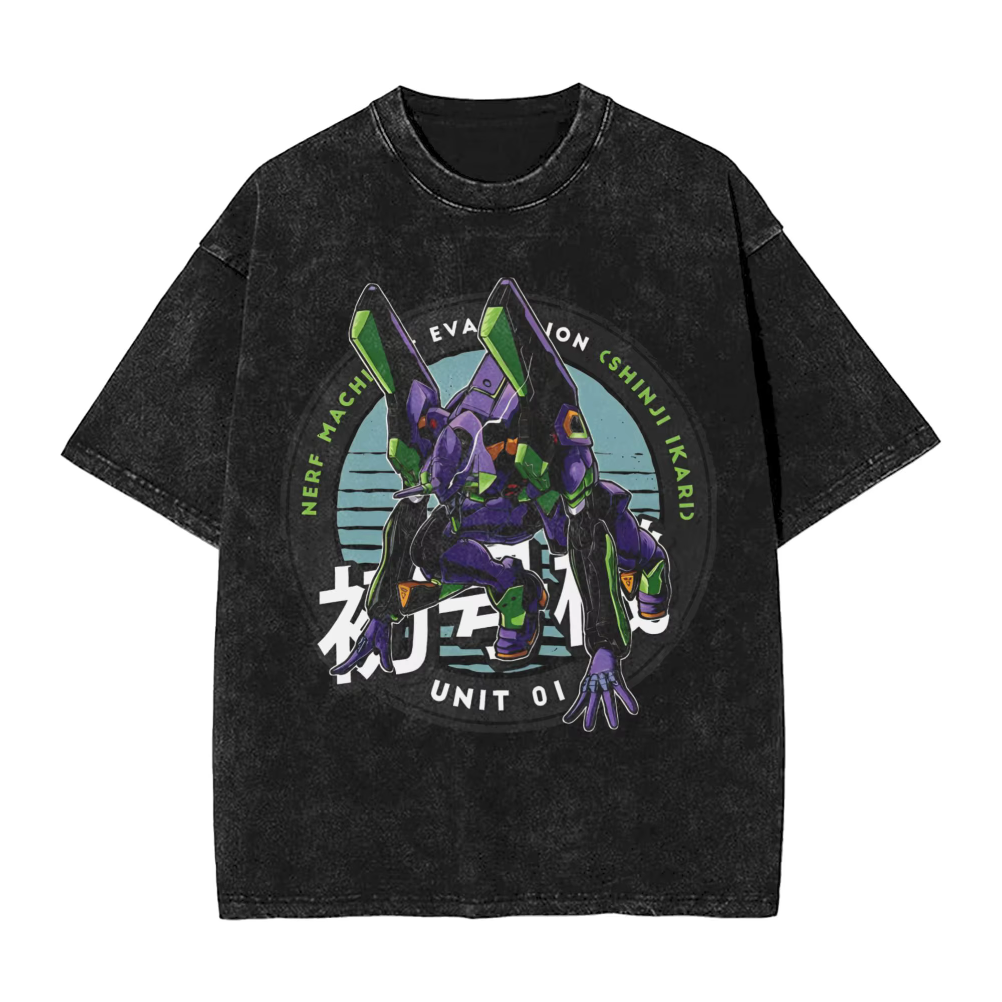 T-shirt vintage délavé EVA Unit-01, motif graphique anime Neon Genesis Evangelion Mecha, tee-shirt e