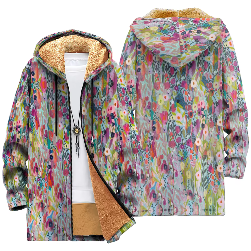 Veste à capuche à imprimé floral, doublure en fausse fourrure, manteau artistique à fleurs aquarelle