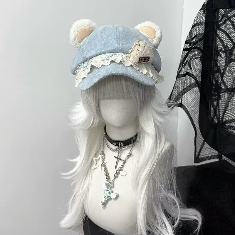 Casquette de baseball en peluche avec oreilles d'ours et dentelle, style japonais, pour femme, nouve