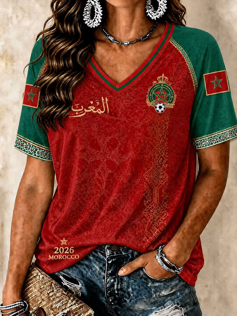 T-shirt de football rouge de l'équipe nationale du Maroc 2026 – Vêtement de sport unisexe à col en V