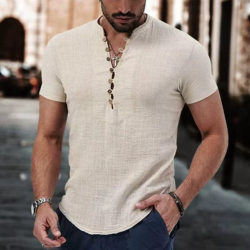 Chemise rétro en lin pour hommes, respirante, col en v, séchage rapide, absorbant la sueur, vacances