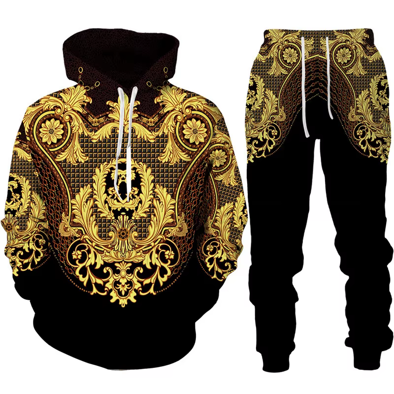 Sweat à capuche de style cour baroque pour hommes, sweat-shirt imprimé fleur d'or 3D de luxe, mode f