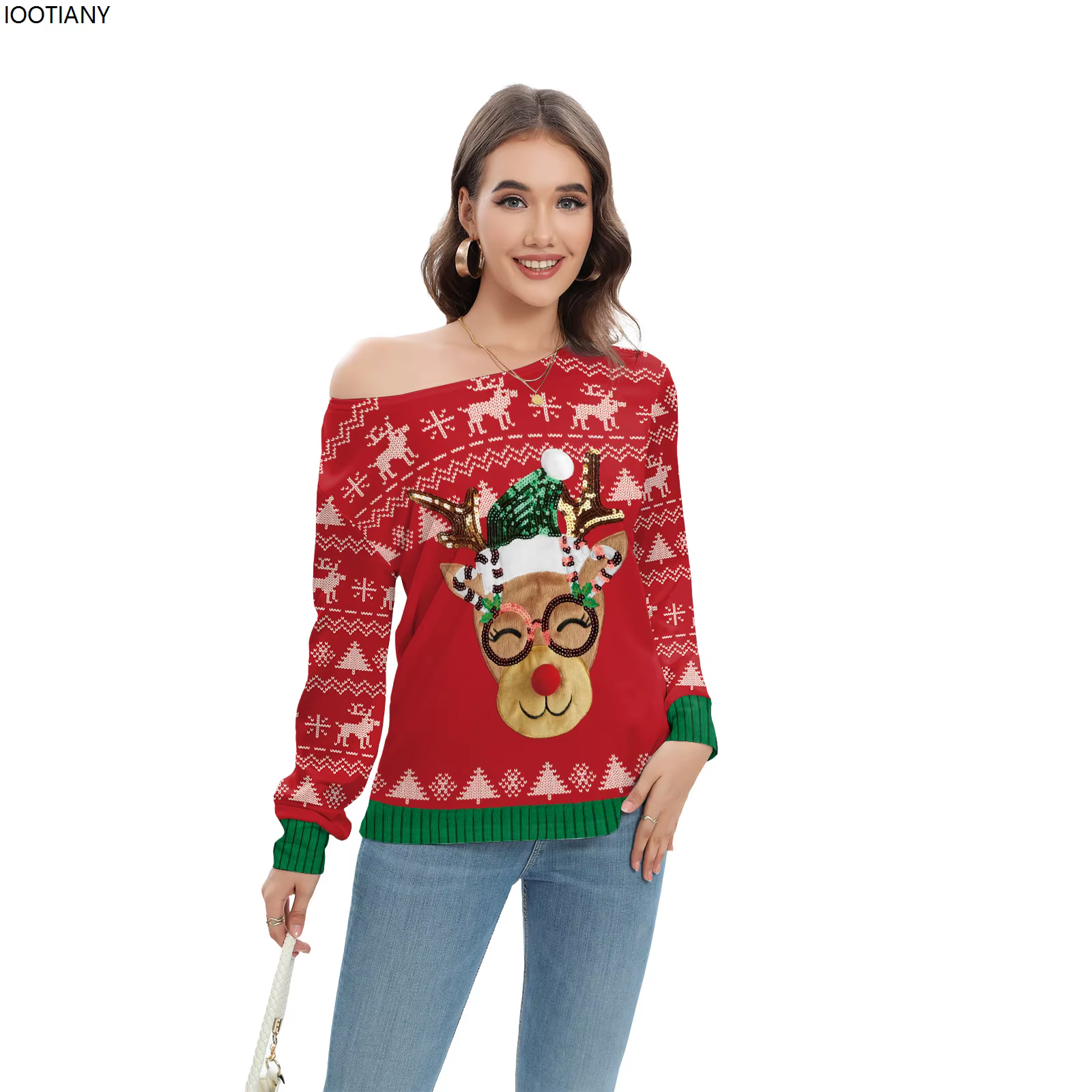 Sweat-shirt imprimé animal Elk pour femme, pull de Noël sexy, haut fantaisie, festival de Noël, cade