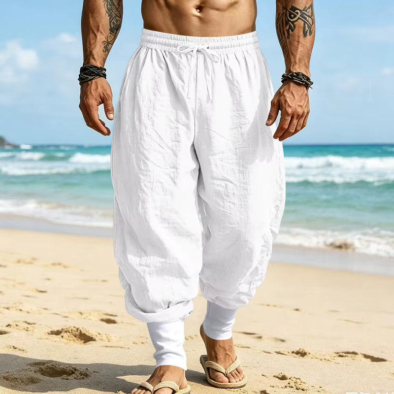 Pantalon de jogging en lin américain, coupe ample avec blocs de couleur et cordon de serrage, respir