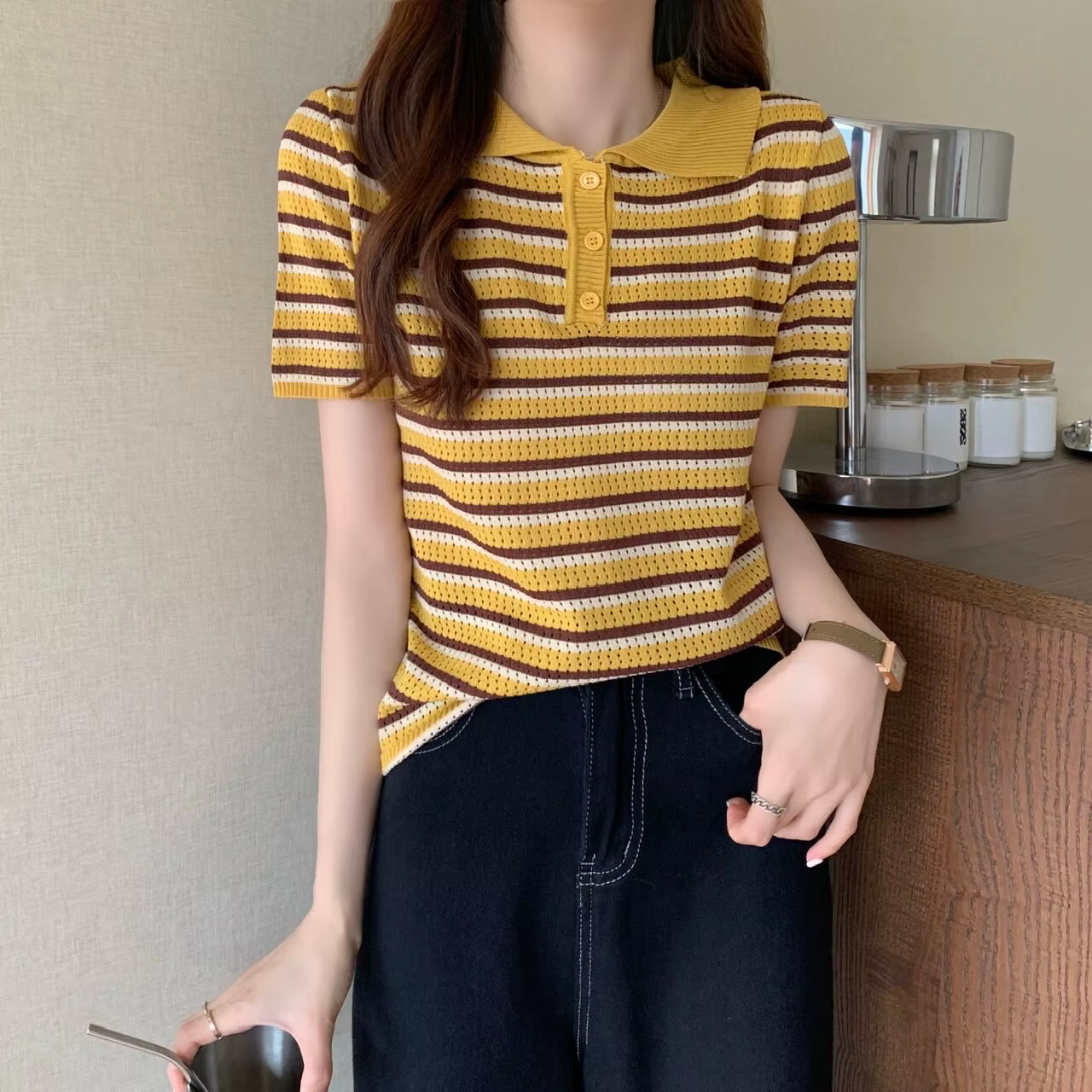 Polo en maille pointelle rayé à manches courtes pour femme avec col boutonné, style preppy d'écolièr