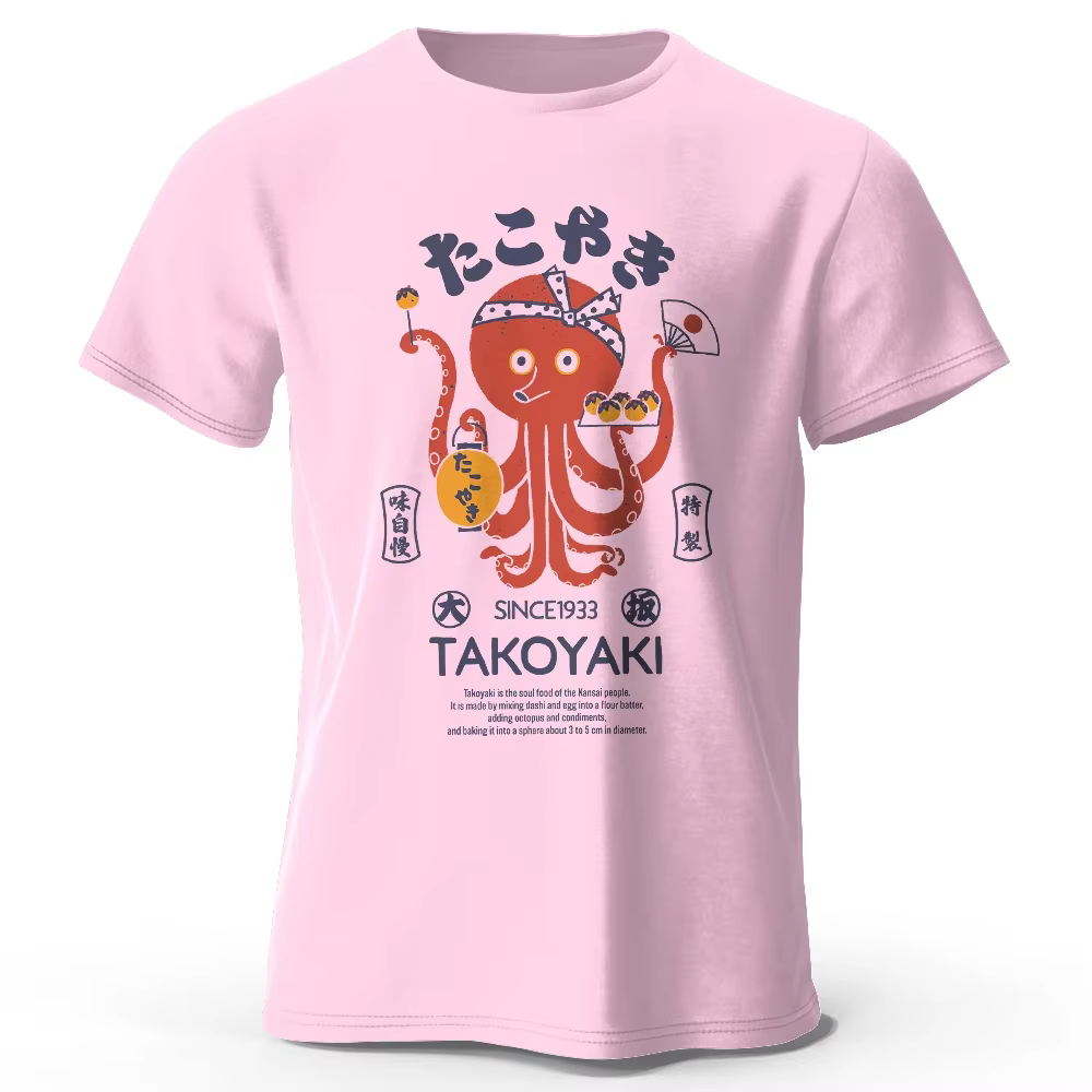 T-shirt 100% coton imprimé Chef poulpe japonais, T-shirt à manches courtes à col rond doux et respir