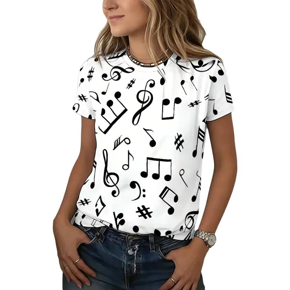 T-shirt pour femmes, imprimé notes de musique, manches courtes, col rond, coupe ample, décontracté, 