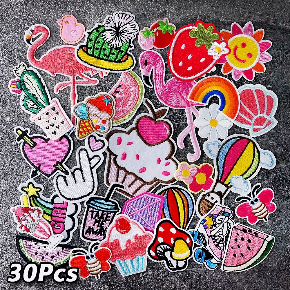 Lot de 30 pièces de patchs décoratifs à fleurs roses, flamant rose, broderie appliquée, vêtements à 
