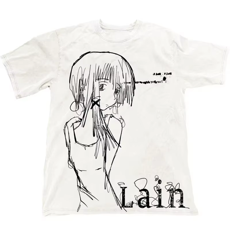 T-shirt unisexe en coton à imprimé graphique Lain, manches courtes, tendance mode streetwear, style 