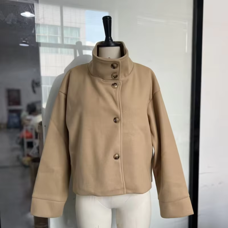 Manteau court en laine pour femme, col montant, manches longues, ample, fermeture éclair, veste d'ex